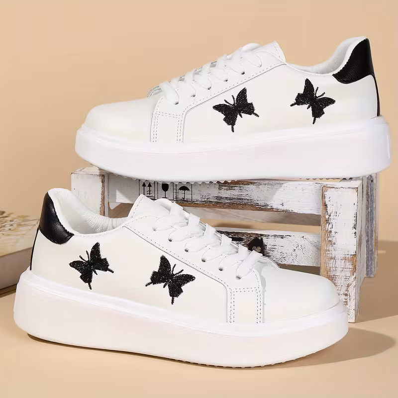Women's Casual Sneakers - Butterfly Embroidery Thick Sole Lace-up Skate Shoes Plus Size - For Women - Suitable for Casual Wear, Street Style - Perfect Gift for Fashionable Women