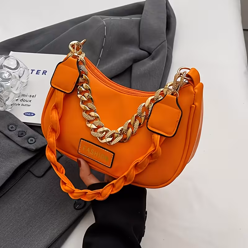 Women's Retro Crossbody Shoulder Bag with Detachable Chain Strap & Golden-Tone Hardware - Minimalist Zipper Closure Handbag for Casual & Professional Use (Black, Khaki, Orange, White, Green, Blue), Vintage Handbag, Versatile Purse, Sleek Style, Durab