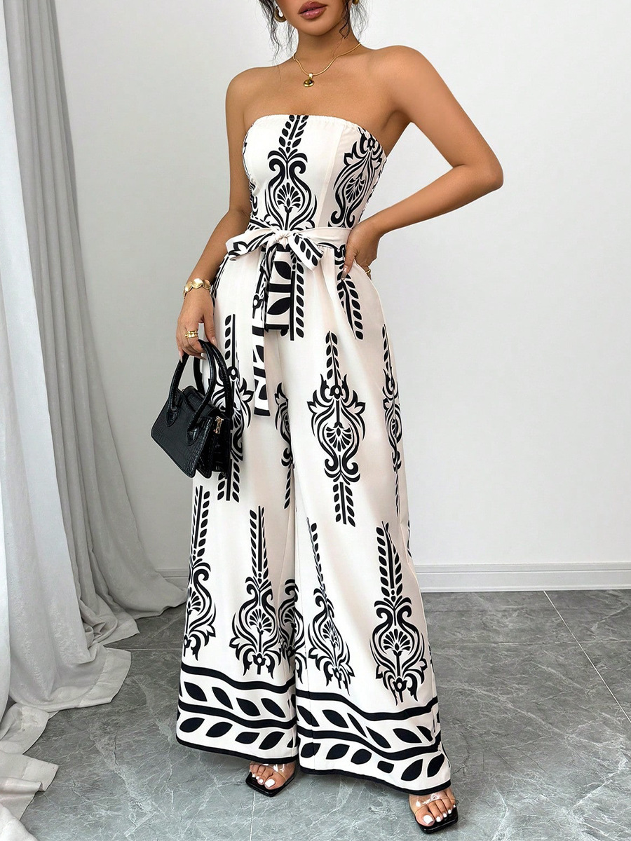 Floral jumpsuit wide-leg slim-fit lace-up jumpsuit
